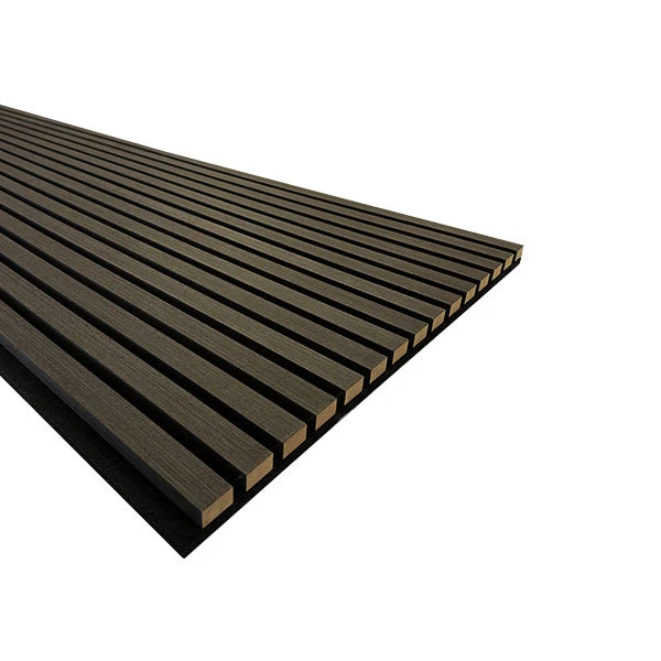 Angled view of a dark wood acoustic slat panel