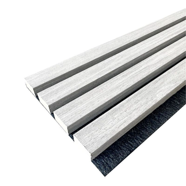 Angled view of grey wood acoustic wall panels