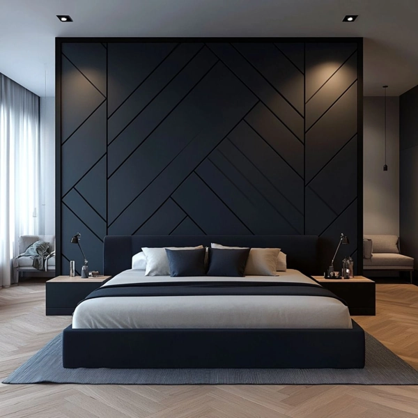 Bedroom Wall Panel.webp Modern black geometric line accent wall behind a bed.