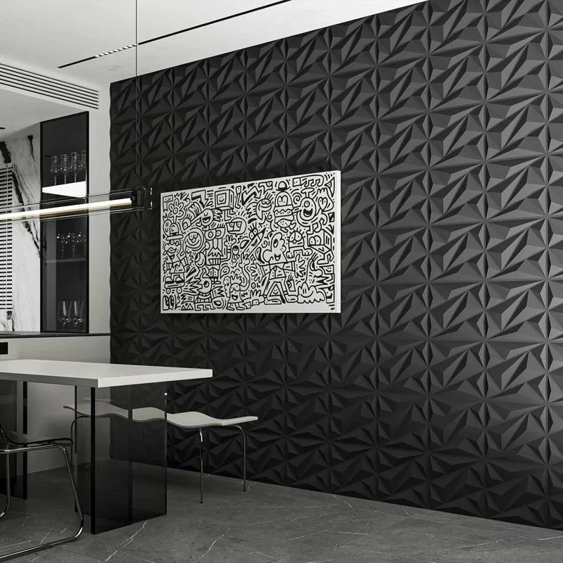 Black geometric 3D wall panel with doodle art