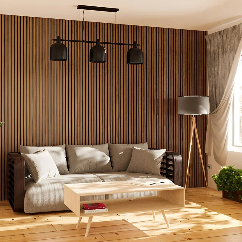 Bright room with wood slat wall and mid-century decor