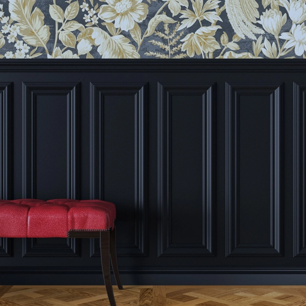 Dark navy raised wall panels with floral wallpaper