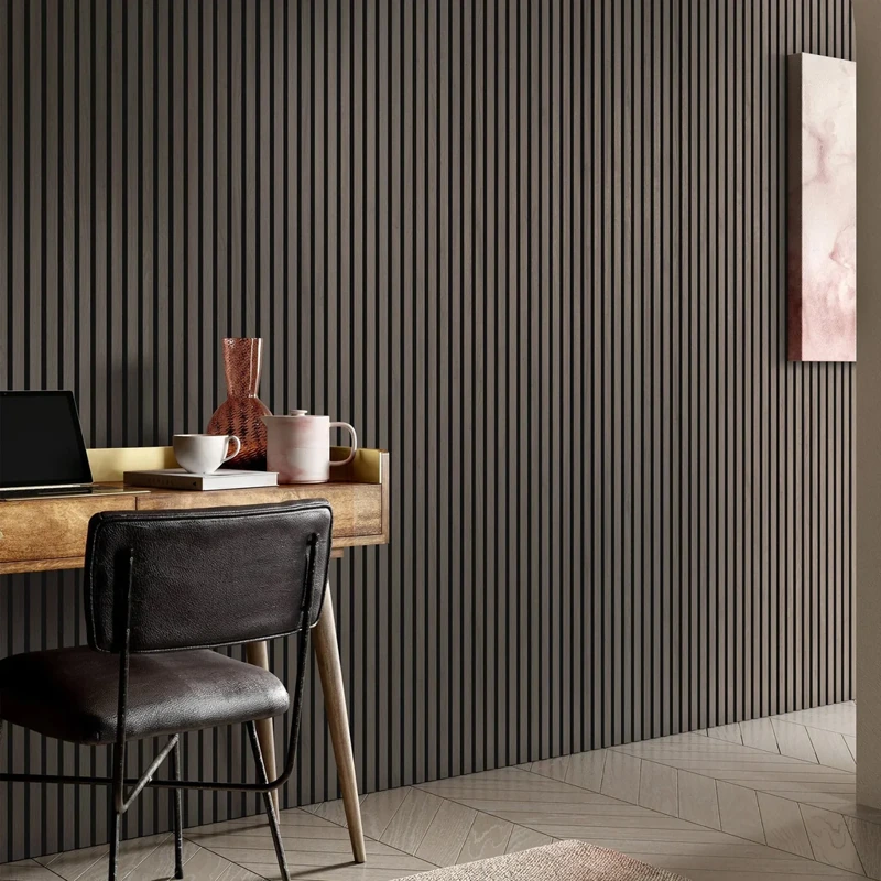 Dark vertical wood slats behind a home office desk.