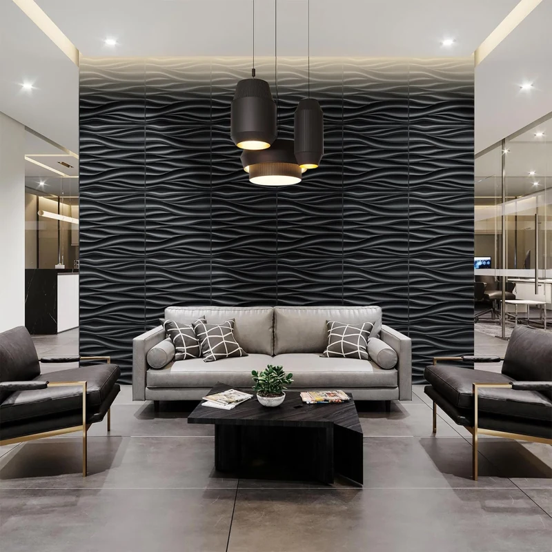 Dramatic black wavy 3D wall panel in a modern lounge