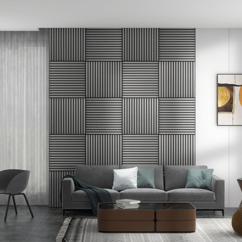 Gray sofa against a square-patterned slat accent wall