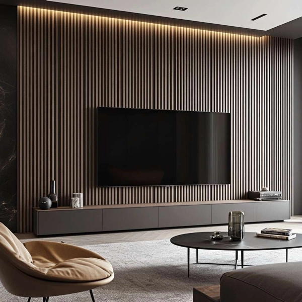 Living Room Wall Panel.webp Slim wood slat TV feature wall with LED lighting.