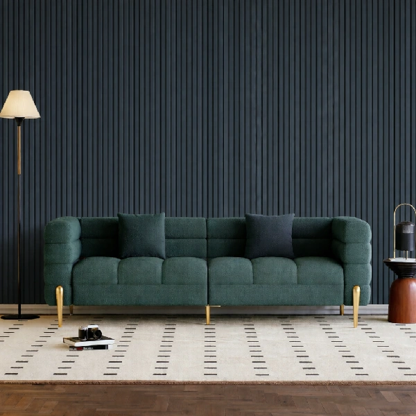 Modern living room with teal color acoustic wall panel