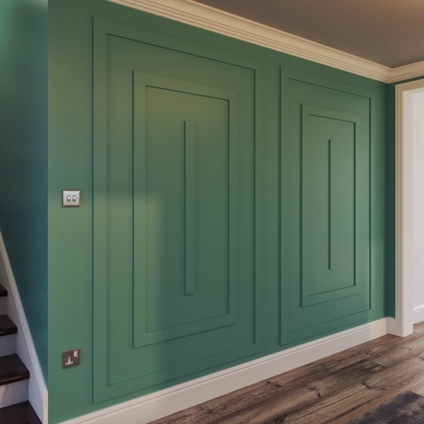 Modern teal wall paneling with nested rectangles