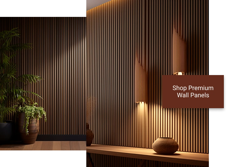 Modern vertical wood slat wall panels in a warm brown finish