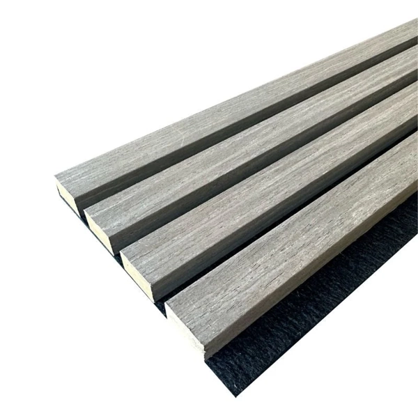 Perspective view of grey wood slats on black felt
