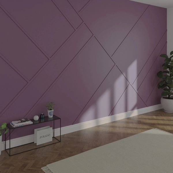 Purple accent wall with geometric wood slats