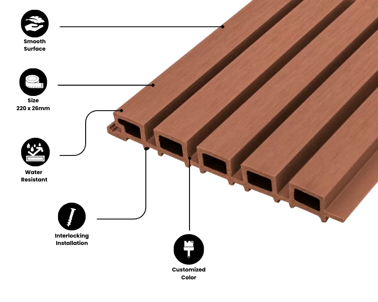 Redwood-colored fluted wall cladding