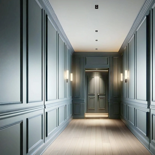 Wall Panel in Hallways.webp Classic blue-gray recessed picture frame wall molding.