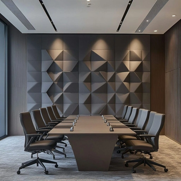 Wall Panels in Office Reception Area.webp 3D geometric gray acoustic panels in a boardroom.