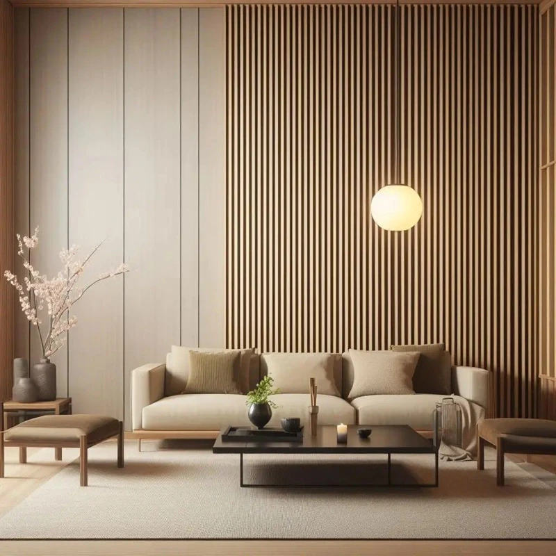 Zen living room with light wood slat accent wall
